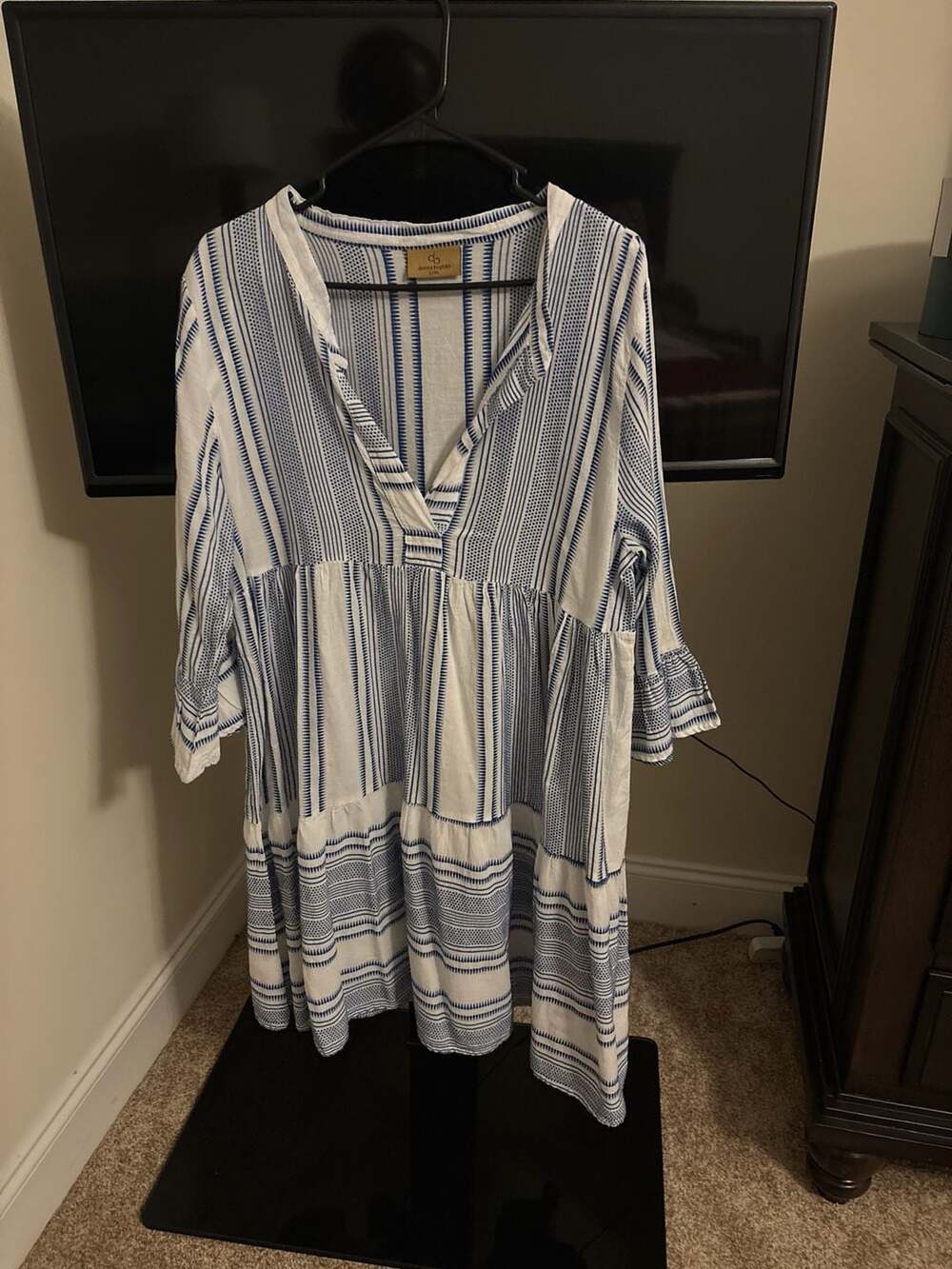 Domna Bogioka Blue and White Striped Greek Cotton Tiered Mini Dress
